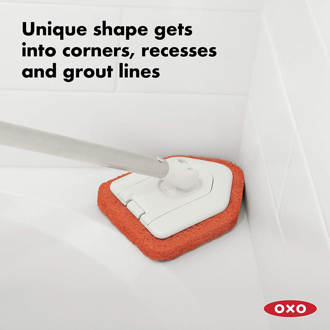Bathroom scrubber with pivoting triangular abrasive head and extendable handle designed to reach corners, grout lines, and recessed areas, part of Home & Decor and Household Cleaning collections.