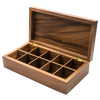 Handcrafted acacia wood tea box with ten divided compartments and a hinged lid, designed for organized tea storage in Kitchen & Food, Brewing Coffee and Tea, and Storage collections.