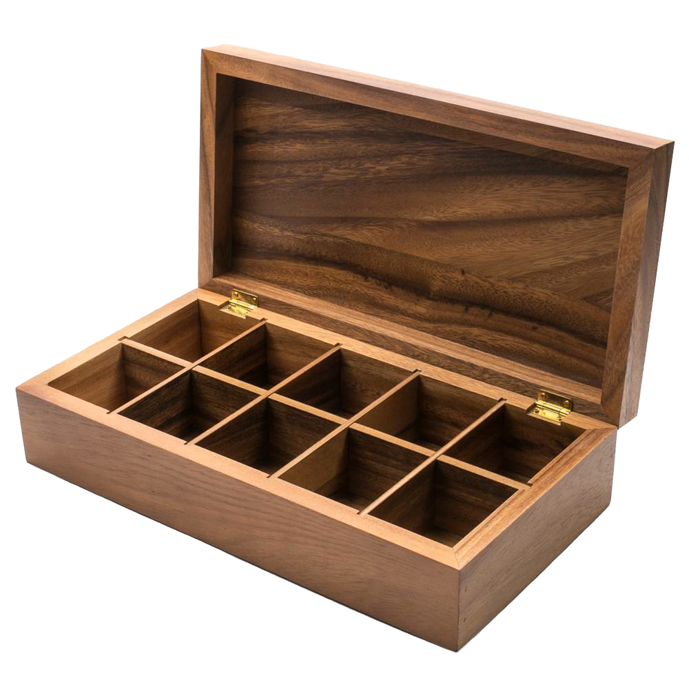 Handcrafted acacia wood tea box with ten divided compartments and a hinged lid, designed for organized tea storage in Kitchen & Food, Brewing Coffee and Tea, and Storage collections.