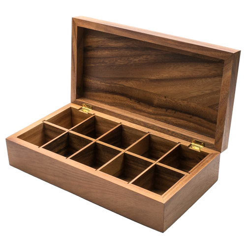 Handcrafted acacia wood tea box with ten divided compartments and a hinged lid, designed for organized tea storage in Kitchen & Food, Brewing Coffee and Tea, and Storage collections.