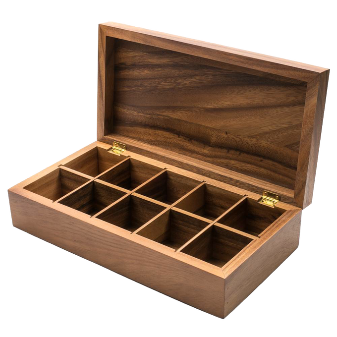 Handcrafted acacia wood tea box with ten divided compartments and a hinged lid, designed for organized tea storage in Kitchen & Food, Brewing Coffee and Tea, and Storage collections.