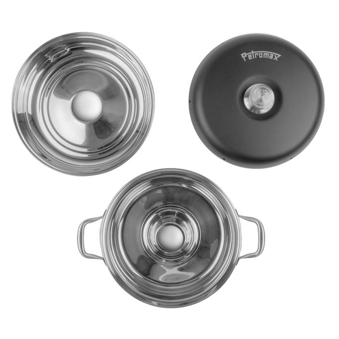 Top view of a handcrafted camping oven featuring a three-part stainless steel design with handles and a black perforated lid, ideal for outdoor baking in Farm, Garden & Tool and Camping collections.