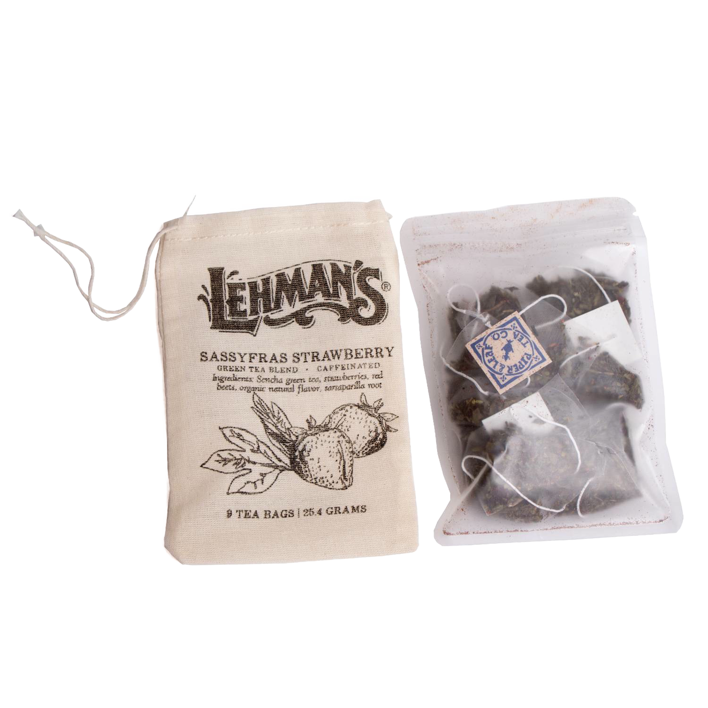 Natural cloth drawstring pouch with vintage-inspired print containing nine handcrafted Sassyfras Strawberry tea bags inside a clear resealable pouch, made in USA, part of Kitchen & Food and Brewing Coffee and Tea collections.
