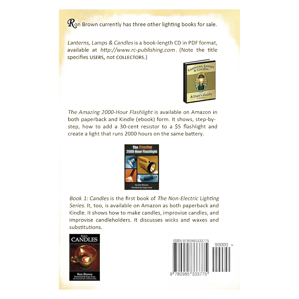 Back cover of a how-to book about non-electric lighting featuring endorsements and images of related books by the author, including guides on lanterns, flashlights, and candles, with a visible ISBN barcode, designed for readers interested in home and garden, toys, and best sellers collections.