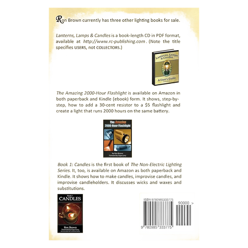 Back cover of a how-to book about non-electric lighting featuring endorsements and images of related books by the author, including guides on lanterns, flashlights, and candles, with a visible ISBN barcode, designed for readers interested in home and garden, toys, and best sellers collections.