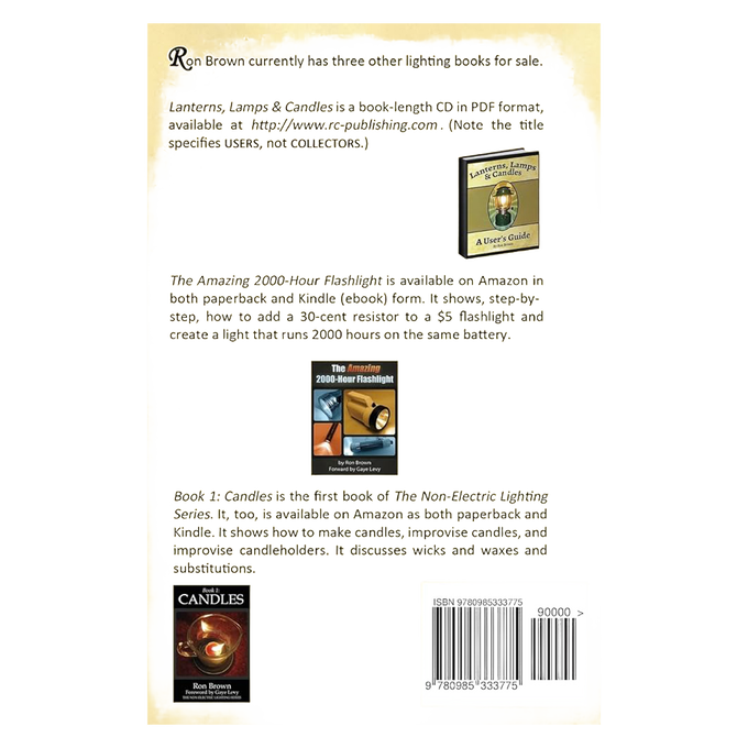 Back cover of a how-to book about non-electric lighting featuring endorsements and images of related books by the author, including guides on lanterns, flashlights, and candles, with a visible ISBN barcode, designed for readers interested in home and garden, toys, and best sellers collections.