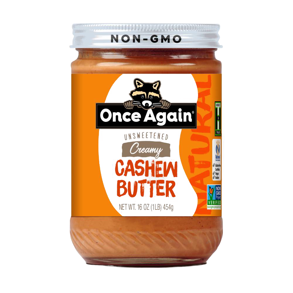 Jar of creamy cashew butter with orange label featuring a raccoon logo, marked non-GMO and gluten free, part of USA made Kitchen & Food and Best Sellers collections.