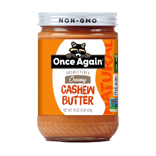 Jar of creamy cashew butter with orange label featuring a raccoon logo, marked non-GMO and gluten free, part of USA made Kitchen & Food and Best Sellers collections.