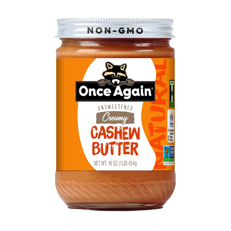 Jar of creamy cashew butter with orange label featuring a raccoon logo, marked non-GMO and gluten free, part of USA made Kitchen & Food and Best Sellers collections.