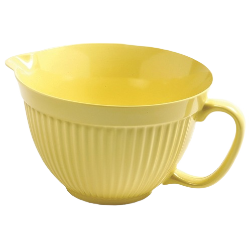 Durable melamine mixing bowl in soft butter yellow with textured exterior, built-in spout and handle for easy pouring, perfect for Kitchen & Food, Cookware, and Baking Supplies collections.