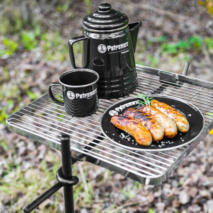 Black enamel camping set including a heat-resistant coffee pot, mug, and plate with grilled sausages, perfect for outdoor dining and camping collections in Farm, Garden & Tool and Kitchen & Food.