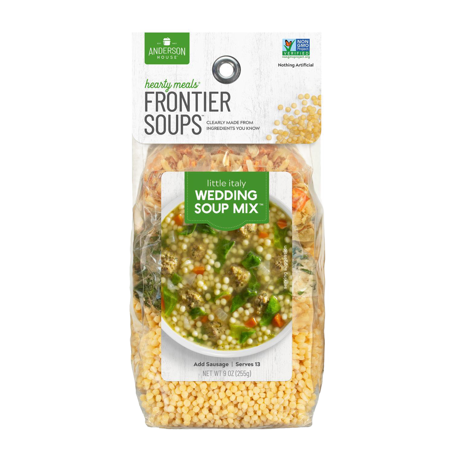 Clear plastic bag of handcrafted Frontier Soup Mix with visible dry ingredients and a label featuring hearty Wedding Soup in Kitchen & Food, Pantry, and Soups collections made in the USA.