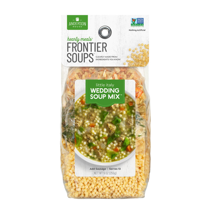Clear plastic bag of handcrafted Frontier Soup Mix with visible dry ingredients and a label featuring hearty Wedding Soup in Kitchen & Food, Pantry, and Soups collections made in the USA.