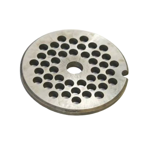 Round metal chopper plate with various hole sizes, handcrafted in the USA, compatible with meat grinders, ideal for Kitchen & Food, Specialty Equipment, Butchering Supplies, Best Sellers, and Promo Eligible collections.