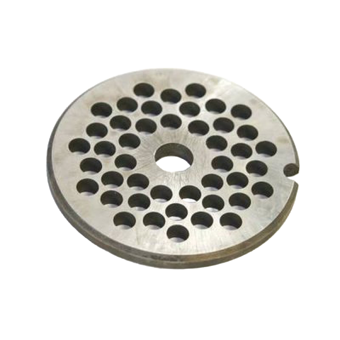 Round metal chopper plate with various hole sizes, handcrafted in the USA, compatible with meat grinders, ideal for Kitchen & Food, Specialty Equipment, Butchering Supplies, Best Sellers, and Promo Eligible collections.