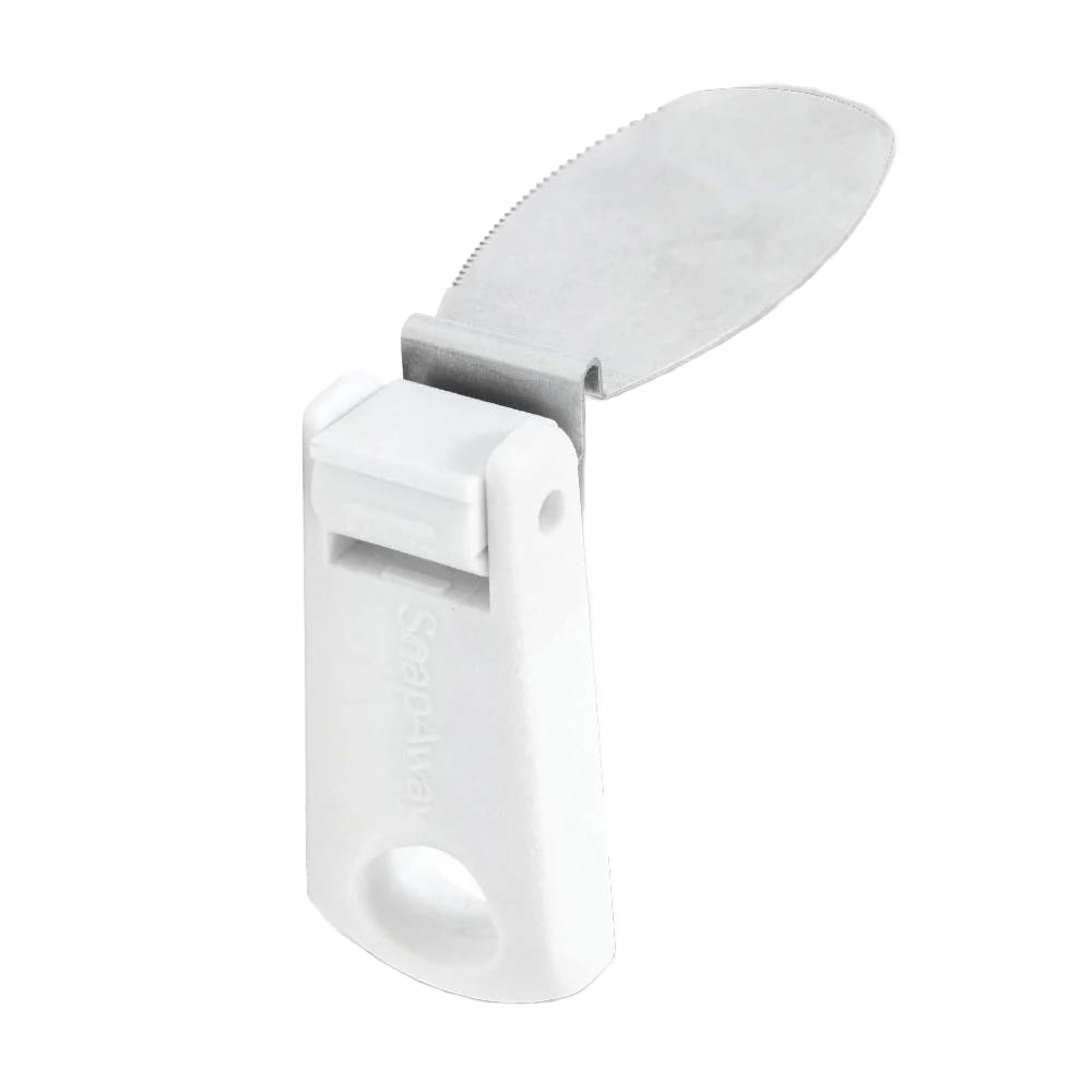 Compact foldable butter knife with a white handle and stainless steel blade, designed to snap onto tubs for convenient storage, ideal for Kitchen Gadgets, Kitchen Accessories, Best Sellers, and Promo Eligible collections.