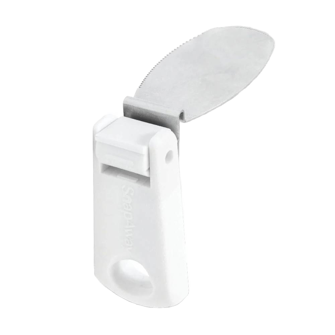 Compact foldable butter knife with a white handle and stainless steel blade, designed to snap onto tubs for convenient storage, ideal for Kitchen Gadgets, Kitchen Accessories, Best Sellers, and Promo Eligible collections.