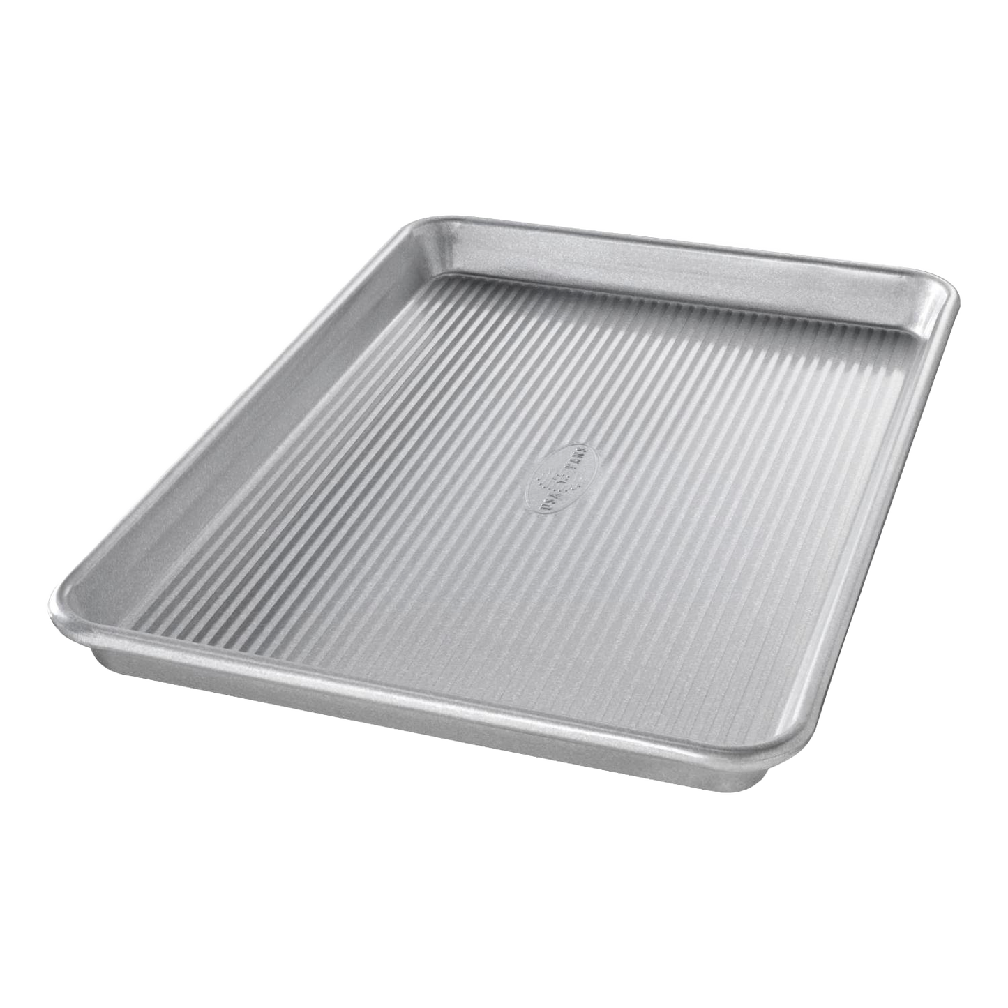 Durable aluminized steel quarter sheet pan with raised edges and ribbed base, designed for versatile baking and cooking, featured in Kitchen & Food, Cookware, and USA Made collections.