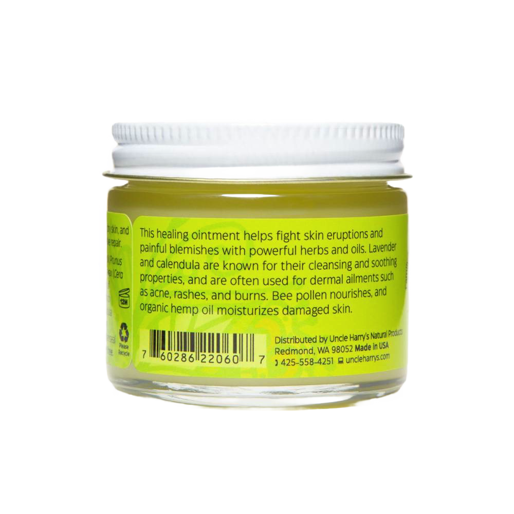 Clear glass jar with metal lid containing handcrafted moisturizing blemish salve made in USA, featuring herbal ingredients for soothing skin eruptions, ideal for Health & Wellness and Best Sellers collections.