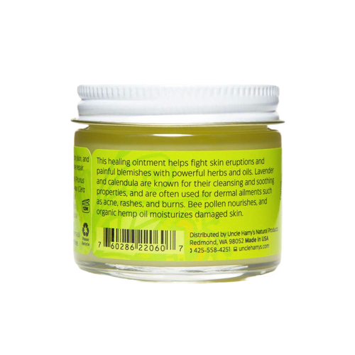 Clear glass jar with metal lid containing handcrafted moisturizing blemish salve made in USA, featuring herbal ingredients for soothing skin eruptions, ideal for Health & Wellness and Best Sellers collections.