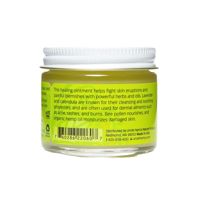 Clear glass jar with metal lid containing handcrafted moisturizing blemish salve made in USA, featuring herbal ingredients for soothing skin eruptions, ideal for Health & Wellness and Best Sellers collections.