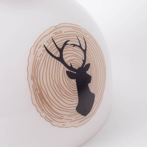 Handcrafted 10-inch glass lamp shade featuring a black stag silhouette overlaid on a stylized wood grain circle, softening light for oil lamps, included in Lamps & Lighting, Parts and Accessories, Lamp Shades, Best Sellers, and Promo Eligible collections.