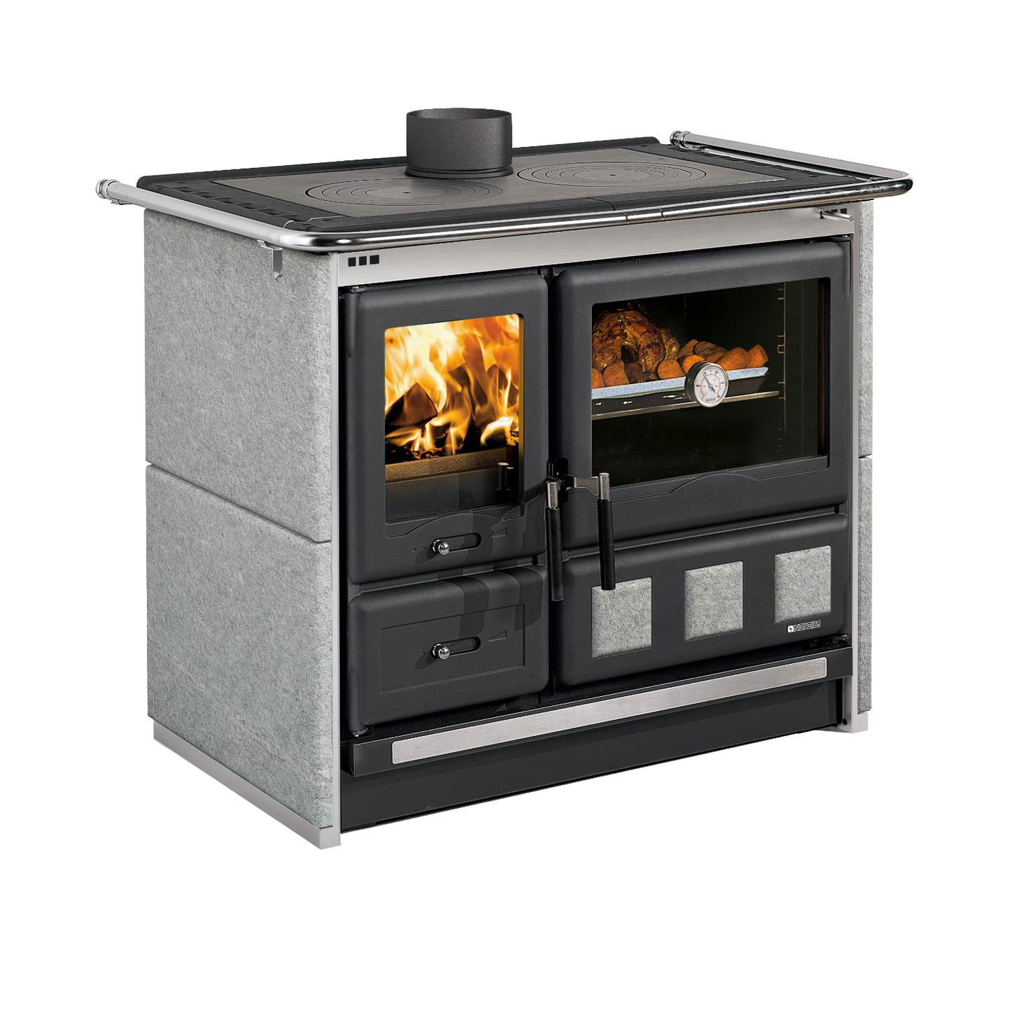 Freestanding wood cook stove with soapstone exterior, cast iron cooking plates, porcelain enameled oven door with viewing window, extractable ash drawer, ideal for stoves, cookstoves, best sellers, and all stoves & appliances collections.
