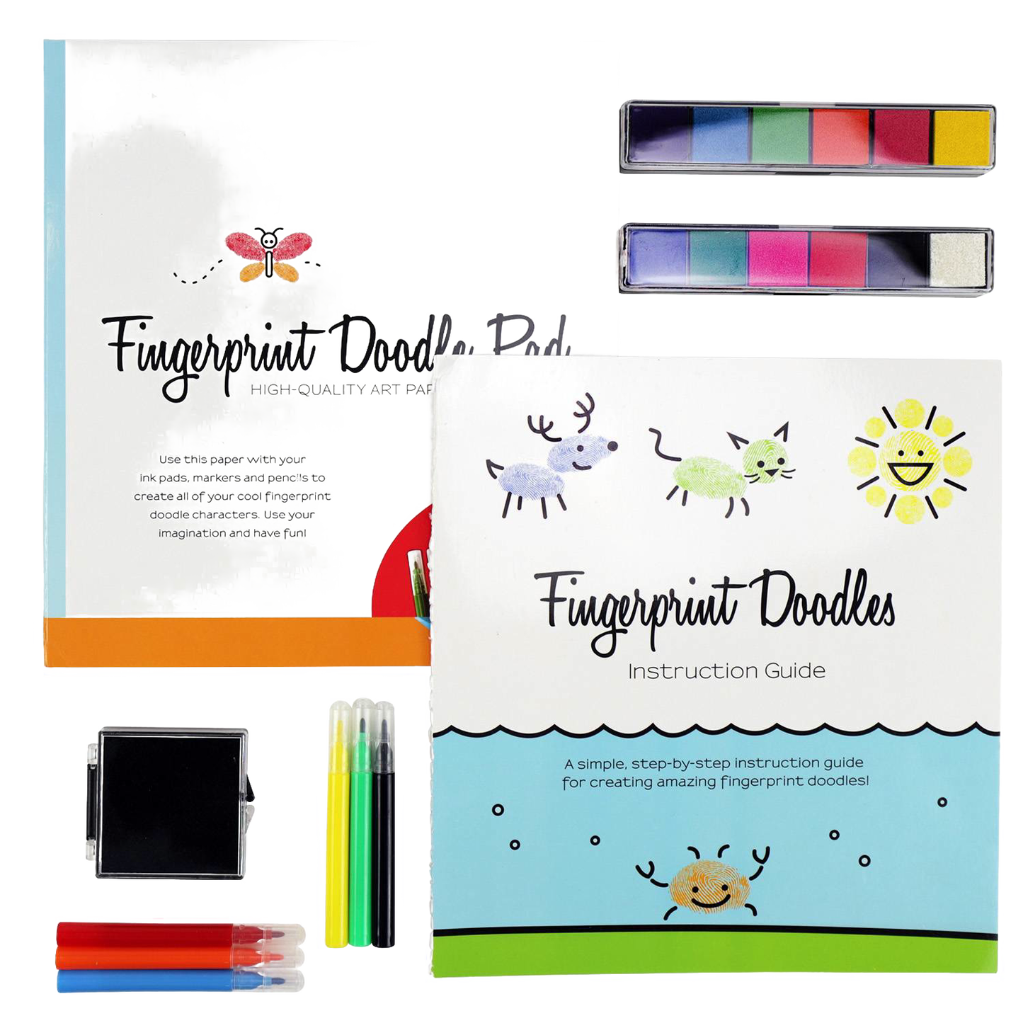 Art kit featuring a step-by-step fingerprint doodle instruction guide, colorful ink pads, and markers, encouraging creativity for children ages 8 and up in Toys, Books & Games and Arts and Crafts collections.