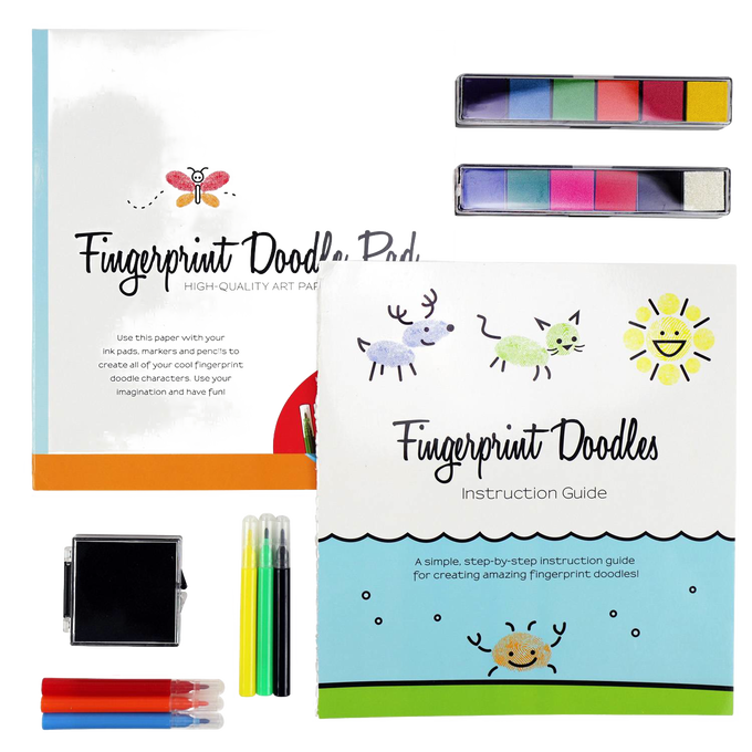 Art kit featuring a step-by-step fingerprint doodle instruction guide, colorful ink pads, and markers, encouraging creativity for children ages 8 and up in Toys, Books & Games and Arts and Crafts collections.