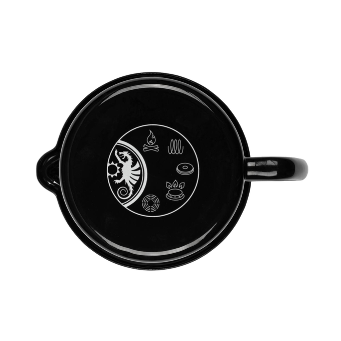 Top view of a black enameled steel milk pot with handle, featuring white icons for campfire, coil burner, stove, grill, and coffee cup, designed for Farm, Garden & Tool, Kitchen & Food, Camping, Cookware, Pots and Pans, Best Sellers, and Promo Eligible collections.