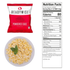 Bag of red and white ReadyWise powdered eggs, close-up of cooked scrambled eggs garnished with basil on a white plate, and a detailed nutrition facts label, suitable for emergency supplies and camping collections.