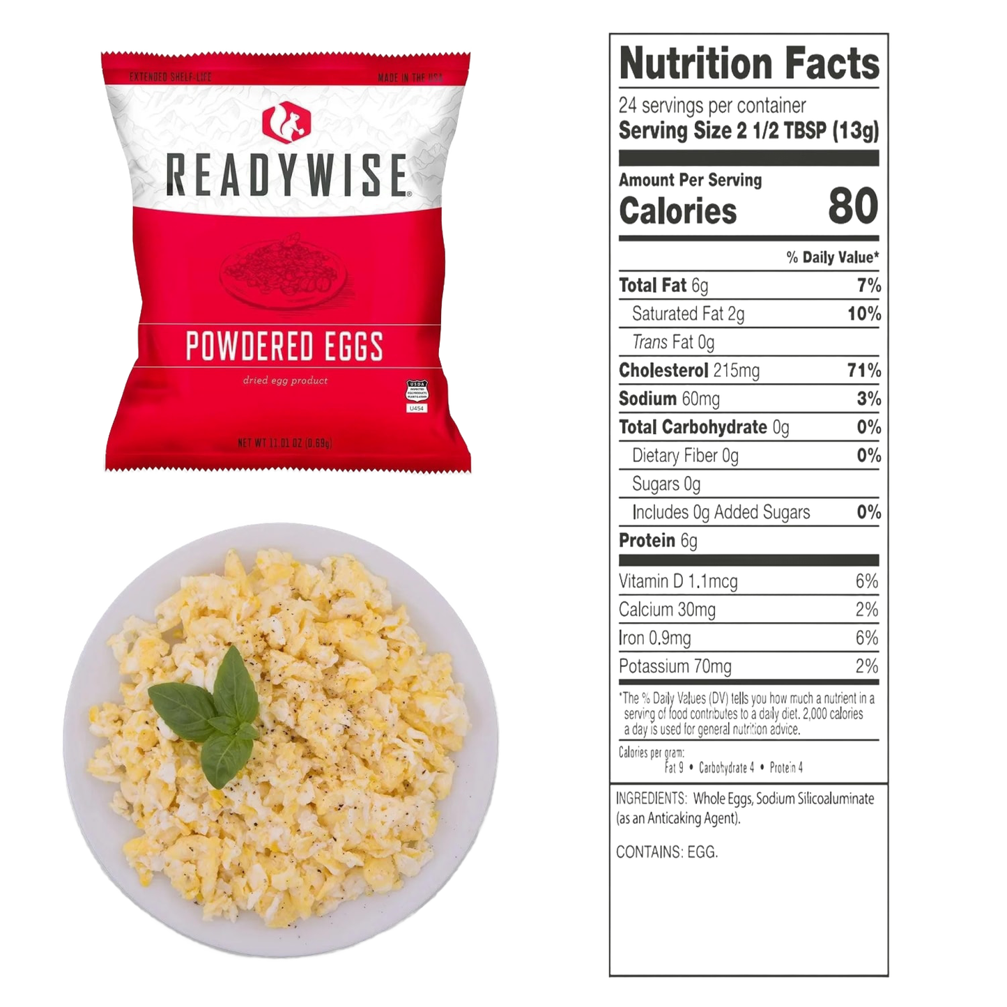 Bag of red and white ReadyWise powdered eggs, close-up of cooked scrambled eggs garnished with basil on a white plate, and a detailed nutrition facts label, suitable for emergency supplies and camping collections.
