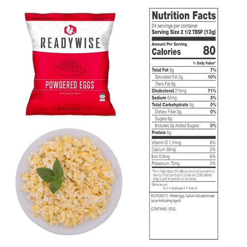 Bag of red and white ReadyWise powdered eggs, close-up of cooked scrambled eggs garnished with basil on a white plate, and a detailed nutrition facts label, suitable for emergency supplies and camping collections.