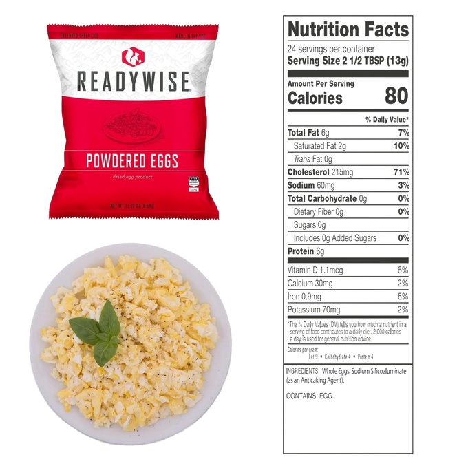 Bag of red and white ReadyWise powdered eggs, close-up of cooked scrambled eggs garnished with basil on a white plate, and a detailed nutrition facts label, suitable for emergency supplies and camping collections.