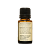 Amber glass bottle of pure essential oil with black cap and label detailing suggested uses and ingredients, ideal for health remedies, aromatherapy, and soapmaking.