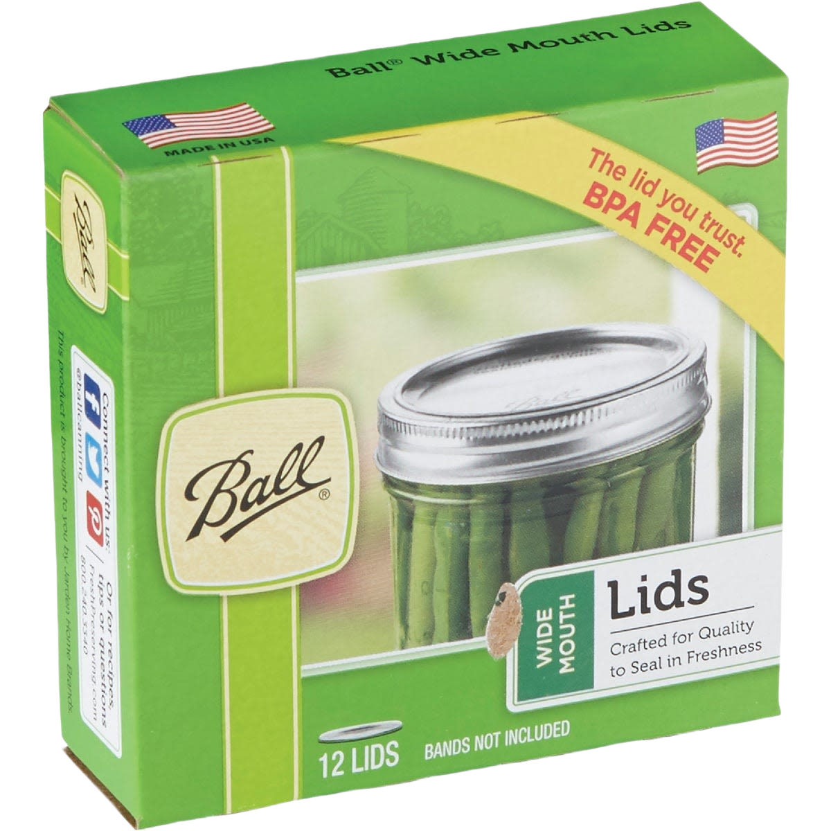 Box of twelve BPA-free wide-mouth lids for home canning jars, crafted in USA and perfect for preserving fruits and vegetables, featured in Kitchen & Food and Food Preservation collections.