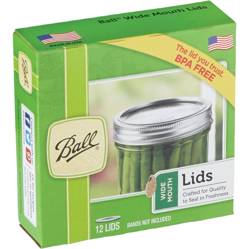 Box of twelve BPA-free wide-mouth lids for home canning jars, crafted in USA and perfect for preserving fruits and vegetables, featured in Kitchen & Food and Food Preservation collections.
