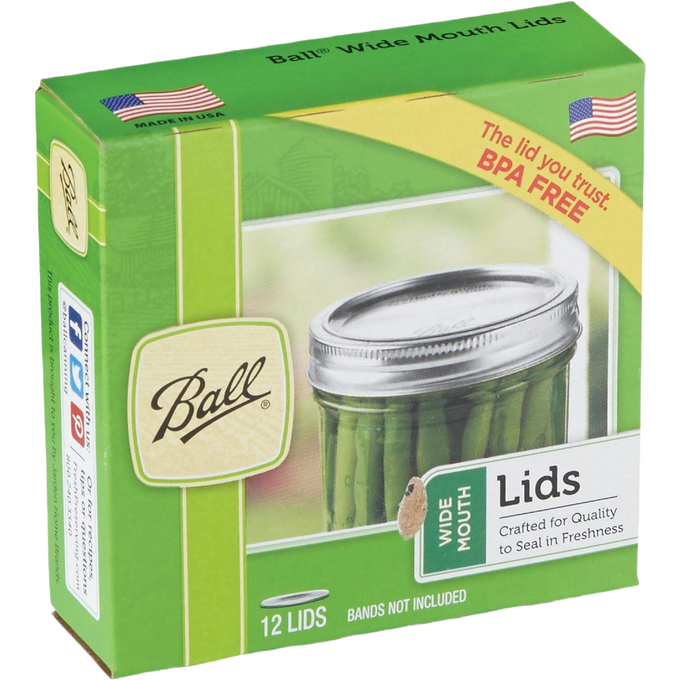 Box of twelve BPA-free wide-mouth lids for home canning jars, crafted in USA and perfect for preserving fruits and vegetables, featured in Kitchen & Food and Food Preservation collections.