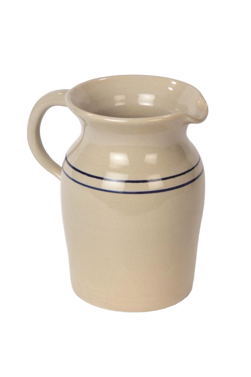 Handcrafted glazed stoneware pitcher in cream with two blue stripes, made in USA, perfect for serving beverages or as a decorative vase, featured in Kitchen & Food and Dinnerware collections.
