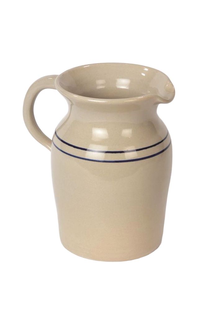 Handcrafted glazed stoneware pitcher in cream with two blue stripes, made in USA, perfect for serving beverages or as a decorative vase, featured in Kitchen & Food and Dinnerware collections.