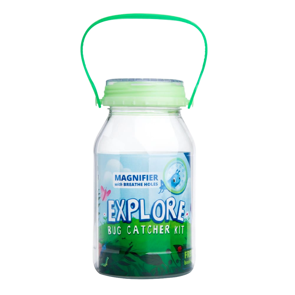 Clear plastic mason jar bug catcher with green handle and lid featuring a glow-in-the-dark flip-open magnifier and breathing holes, part of Toys and Outdoor Play collections.