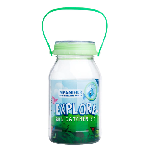 Clear plastic mason jar bug catcher with green handle and lid featuring a glow-in-the-dark flip-open magnifier and breathing holes, part of Toys and Outdoor Play collections.