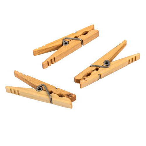 Three handcrafted maple spring clothespins with stainless steel springs, made in the USA, ideal for Home & Decor, Laundry Supplies, Clothesline Accessories, and Best Sellers collections.