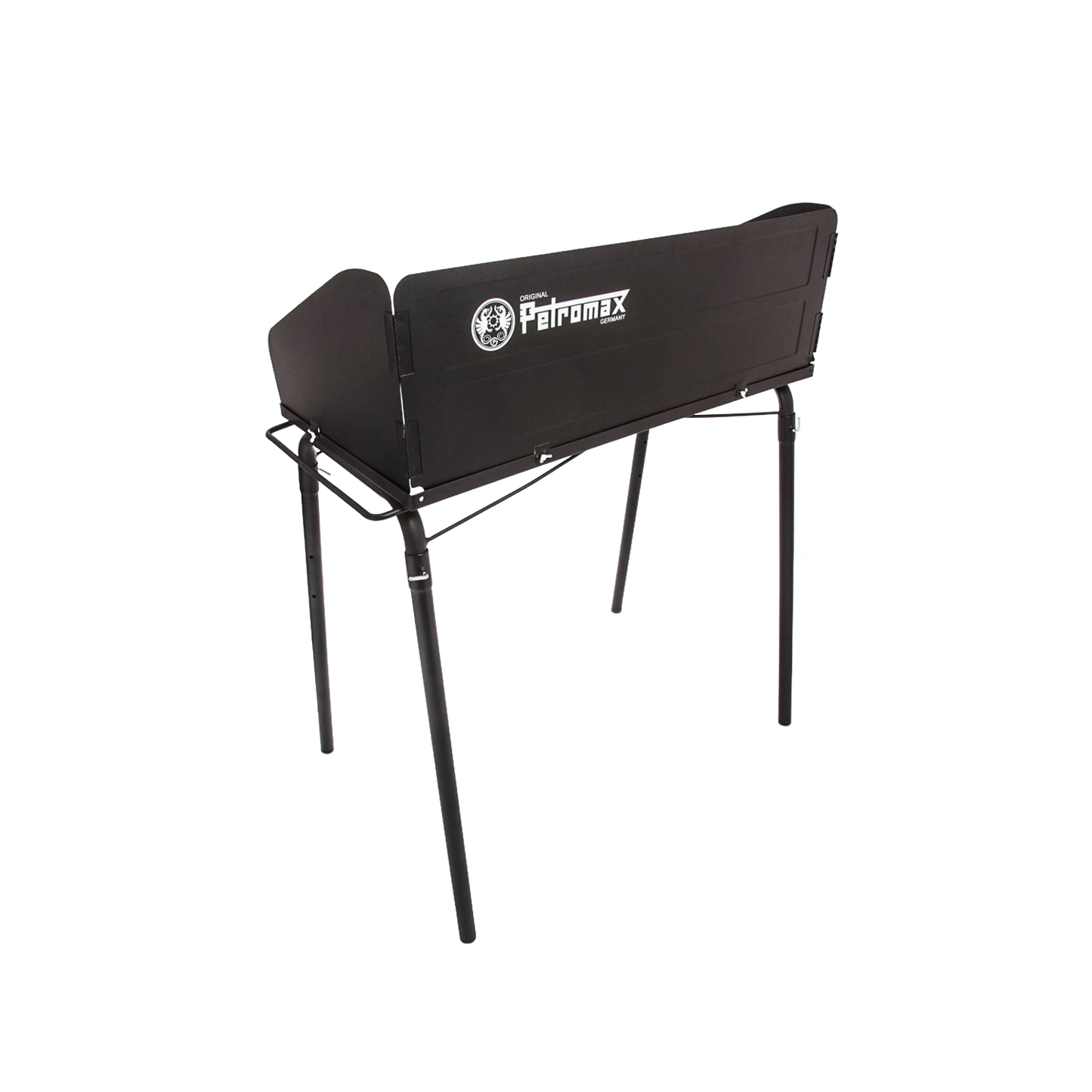 Sturdy black steel outdoor cooking table with foldable legs and side wind guards, designed for camping and farm use, perfect for Best Sellers and Promo Eligible collections.