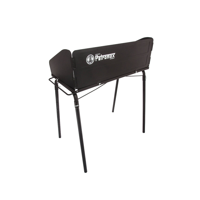 Sturdy black steel outdoor cooking table with foldable legs and side wind guards, designed for camping and farm use, perfect for Best Sellers and Promo Eligible collections.