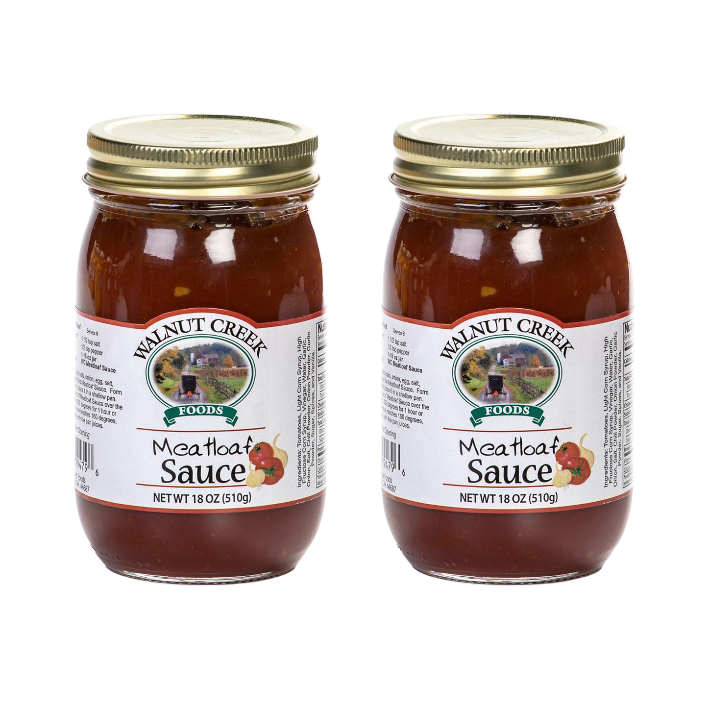 Two jars of handcrafted Amish made meatloaf sauce with golden lids, rich in tomatoes and spices, perfect for Kitchen & Food, Pantry, USA Made, and Best Sellers collections.