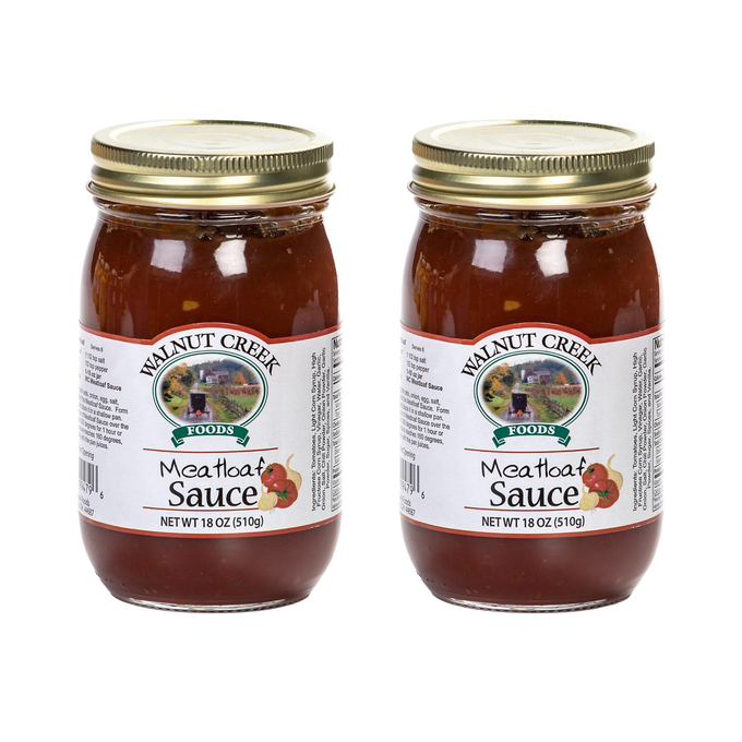 Two jars of handcrafted Amish made meatloaf sauce with golden lids, rich in tomatoes and spices, perfect for Kitchen & Food, Pantry, USA Made, and Best Sellers collections.