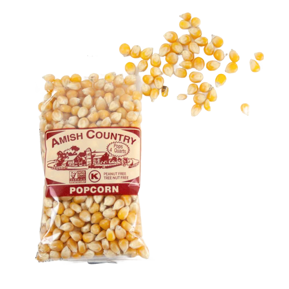 Clear bag of handcrafted Amish Country yellow popcorn kernels spilling onto a white background, featured in Kitchen & Food, Snacks and Sweets, Popcorn, and USA Made collections.