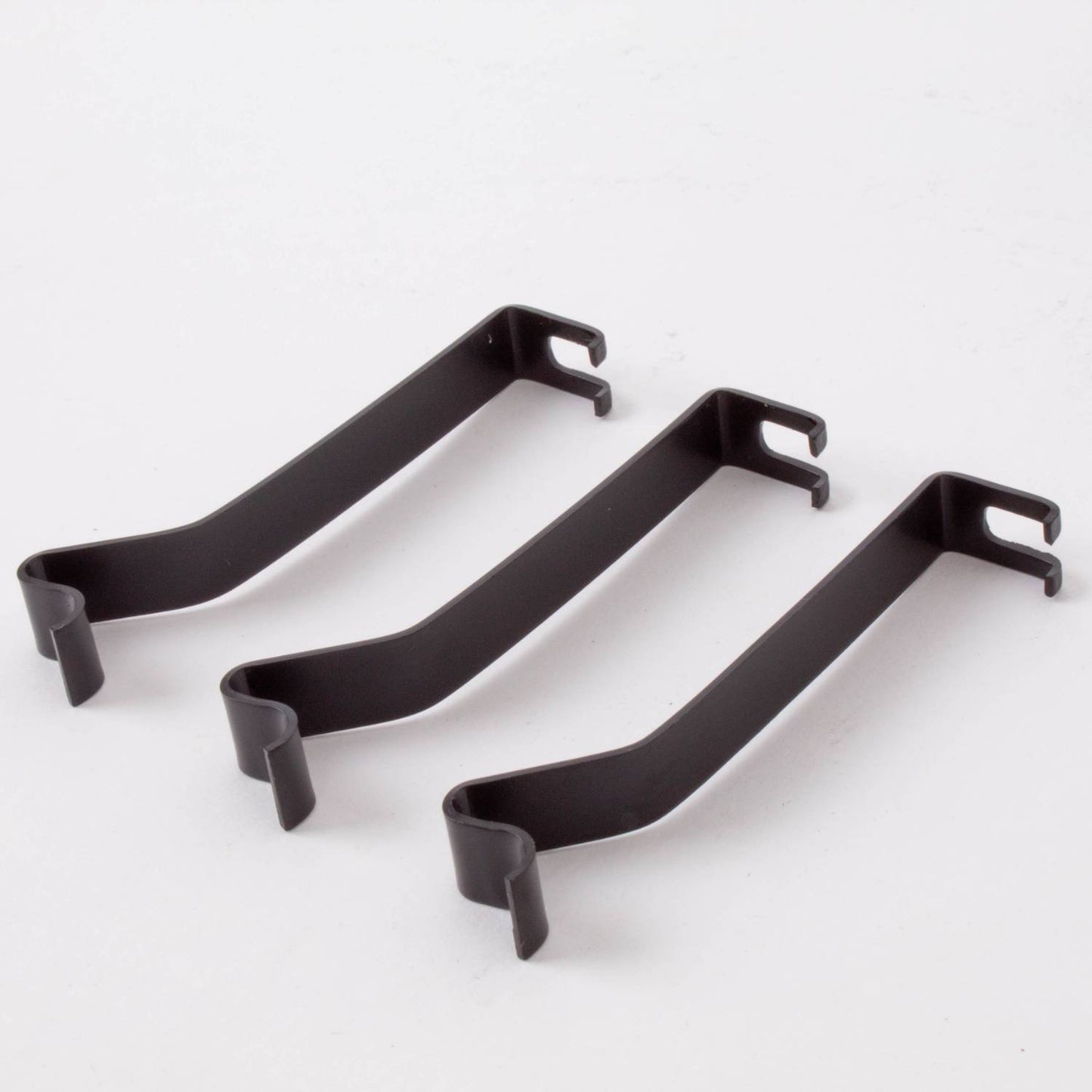 Set of three black steel spring mount clips measuring 2-3/4 inches long by 3/8 inch wide, designed for securing 14-inch parchment shades on hanging lamp frames, featured in Lamps & Lighting, Parts and Accessories, Shade Rings and Holders, Best Sellers, and Promo Eligible collections.
