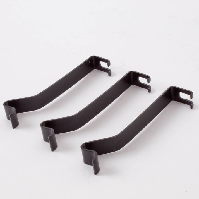 Set of three black steel spring mount clips measuring 2-3/4 inches long by 3/8 inch wide, designed for securing 14-inch parchment shades on hanging lamp frames, featured in Lamps & Lighting, Parts and Accessories, Shade Rings and Holders, Best Sellers, and Promo Eligible collections.